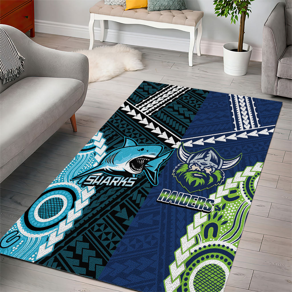 Rugby Sharks and Raiders Area Rug 2026 Together Aboriginal Polynesian Pattern