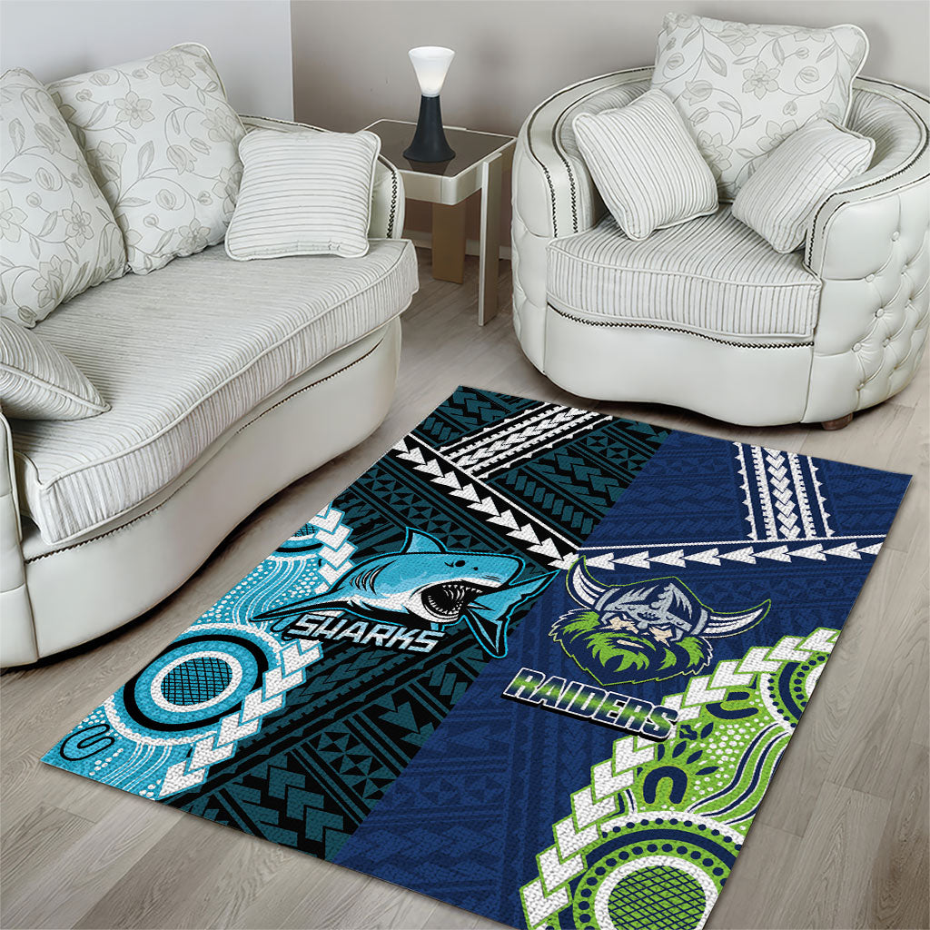 Rugby Sharks and Raiders Area Rug 2026 Together Aboriginal Polynesian Pattern