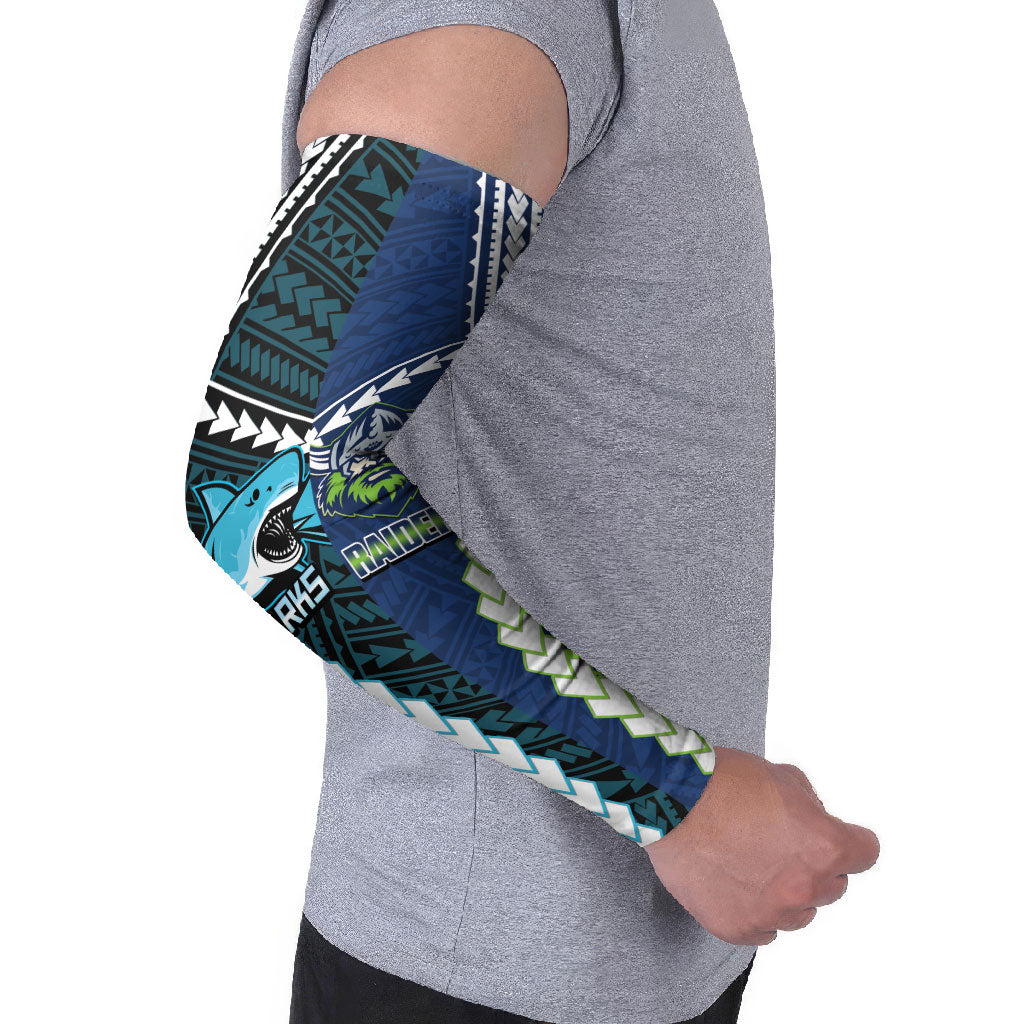Custom Rugby Sharks and Raiders Arm Sleeves 2026 Together Aboriginal Polynesian Pattern