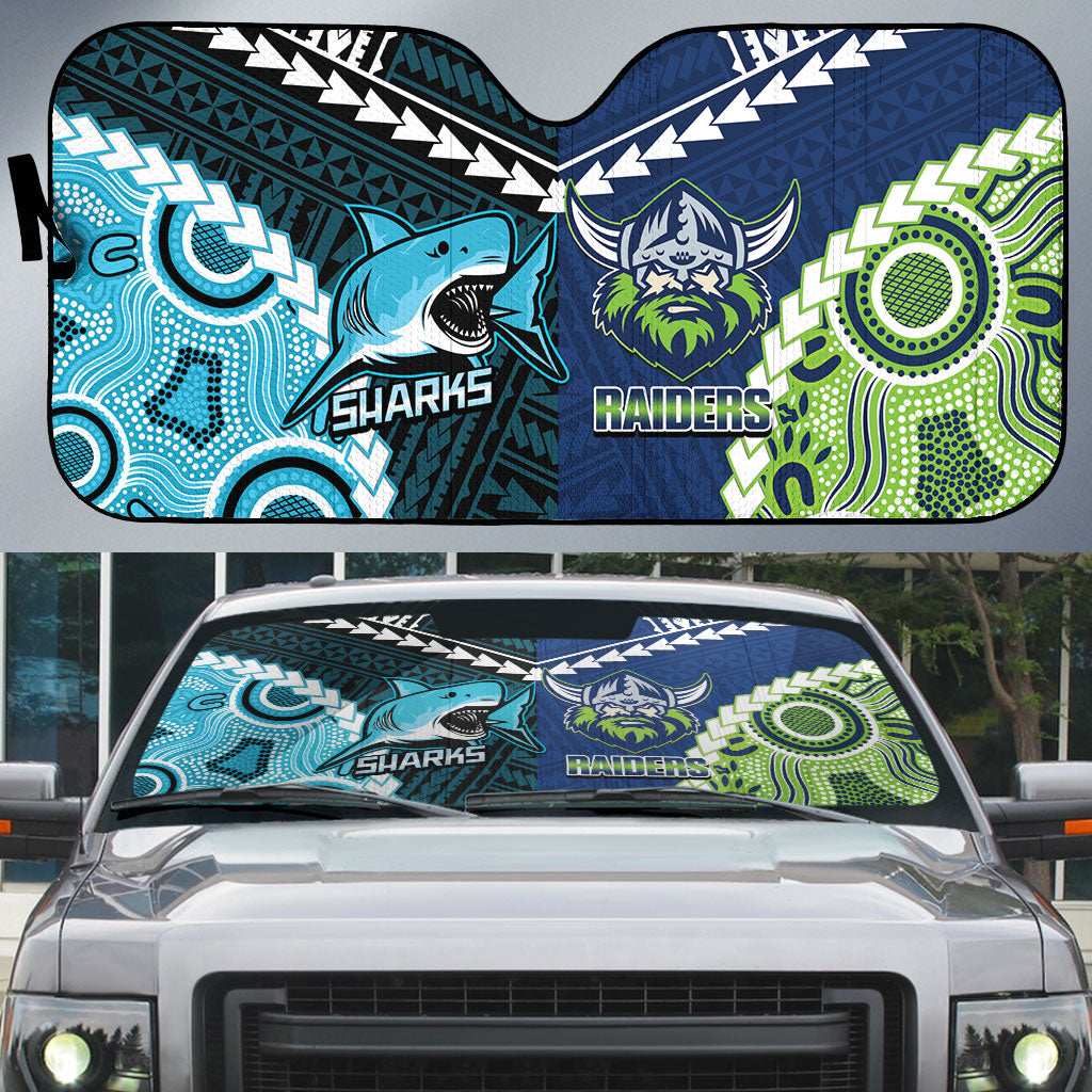 Rugby Sharks and Raiders Auto Sun Shade 2026 Together Aboriginal Polynesian Pattern