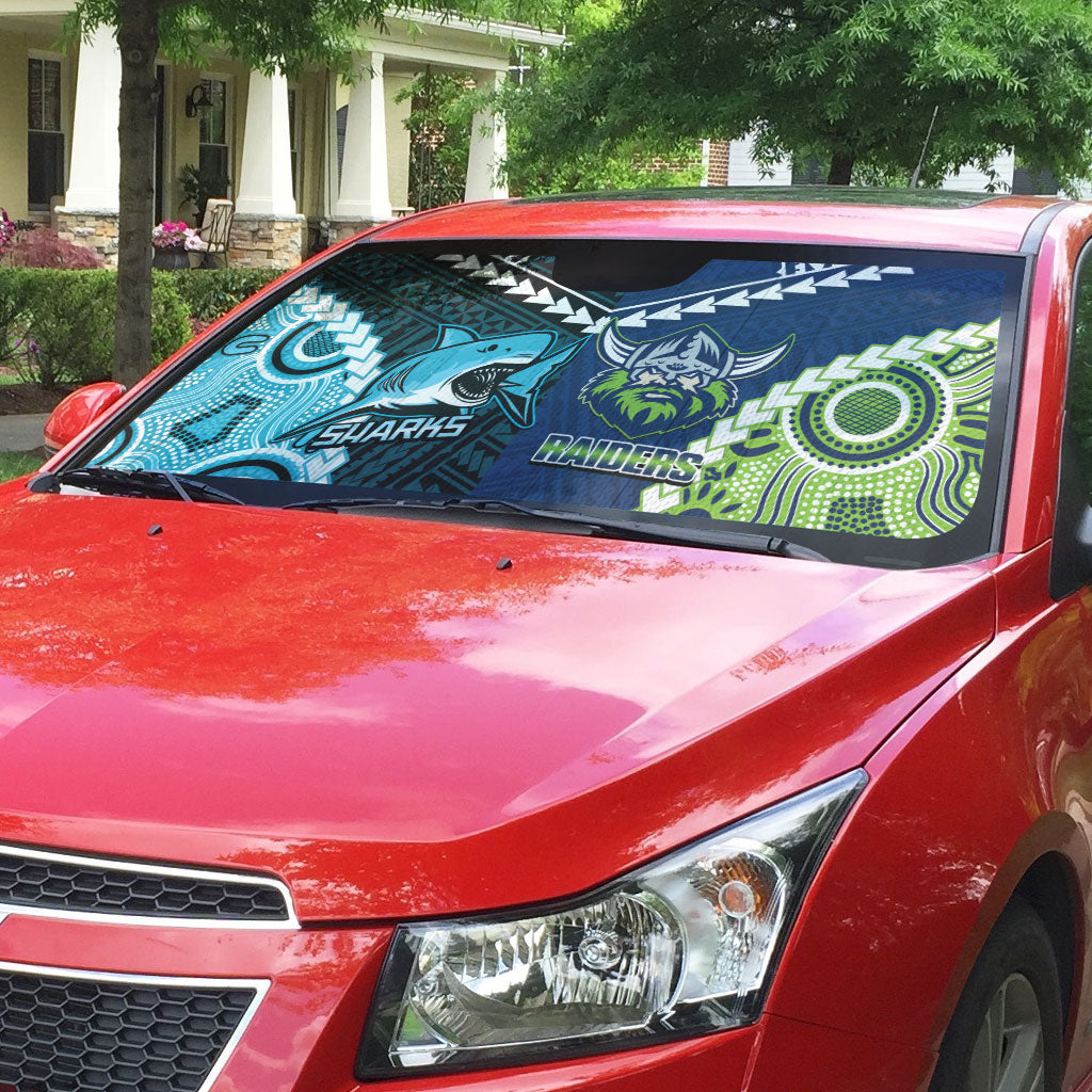 Rugby Sharks and Raiders Auto Sun Shade 2026 Together Aboriginal Polynesian Pattern