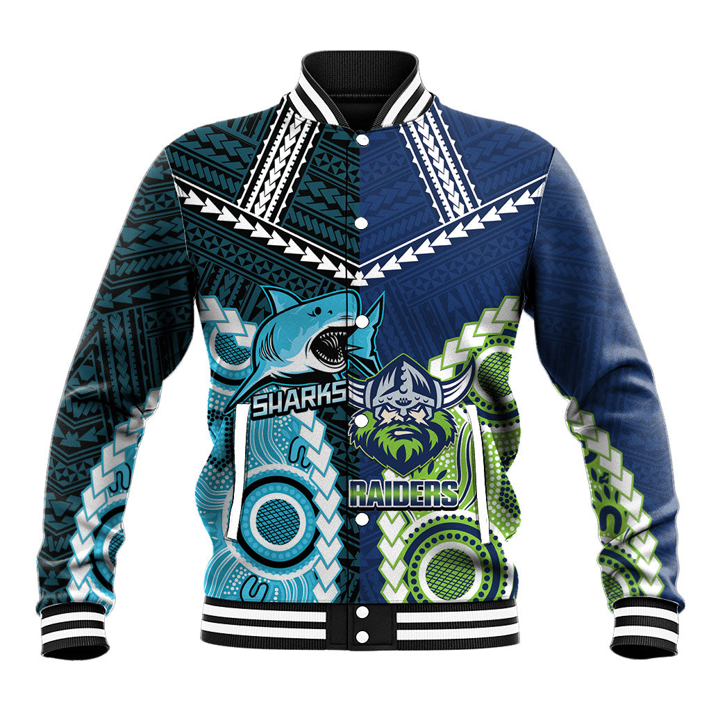 Custom Rugby Sharks and Raiders Baseball Jacket 2026 Together Aboriginal Polynesian Pattern