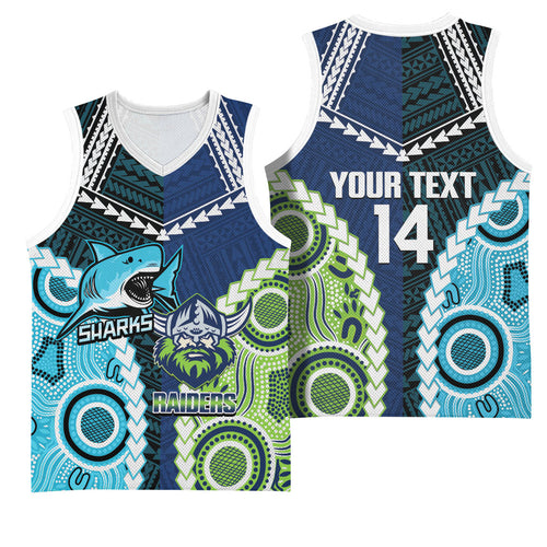 Custom Rugby Sharks and Raiders Basketball Jersey 2026 Together Aboriginal Polynesian Pattern