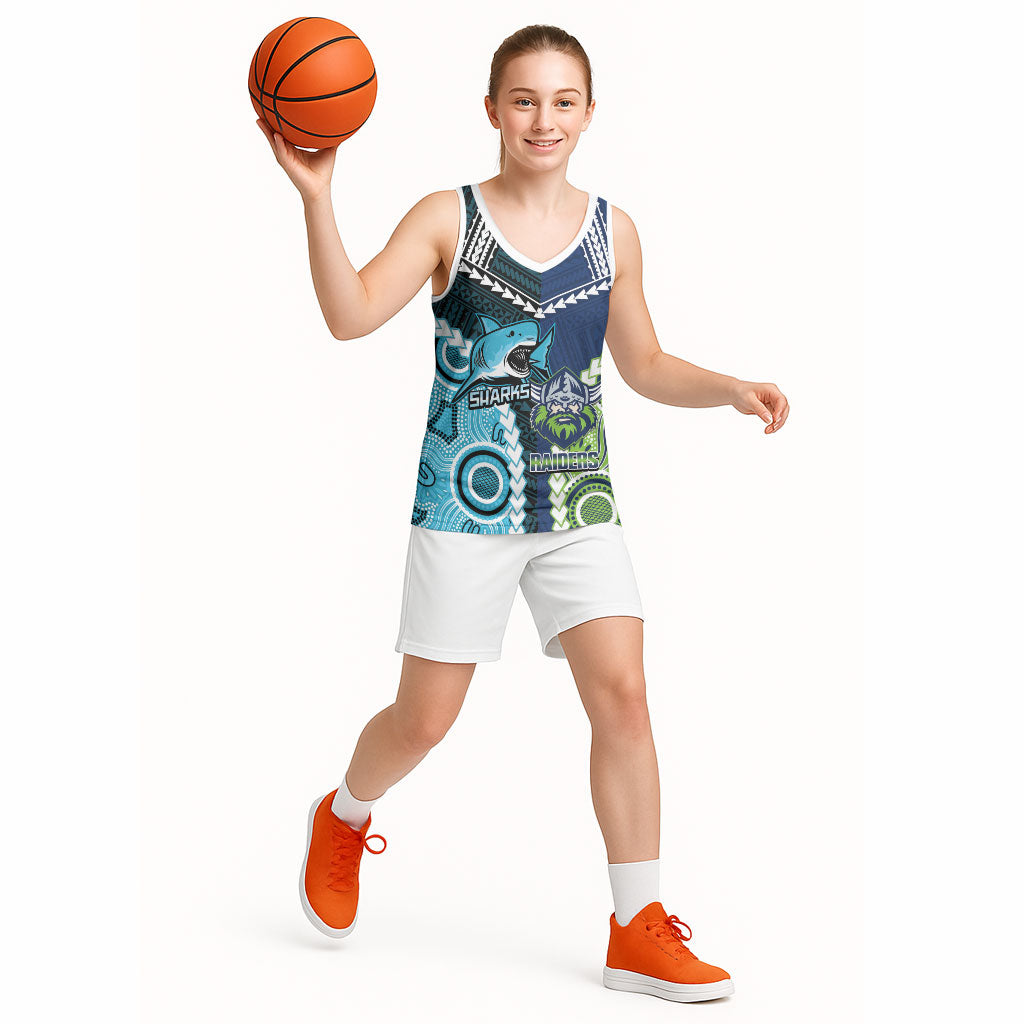 Custom Rugby Sharks and Raiders Basketball Jersey 2026 Together Aboriginal Polynesian Pattern