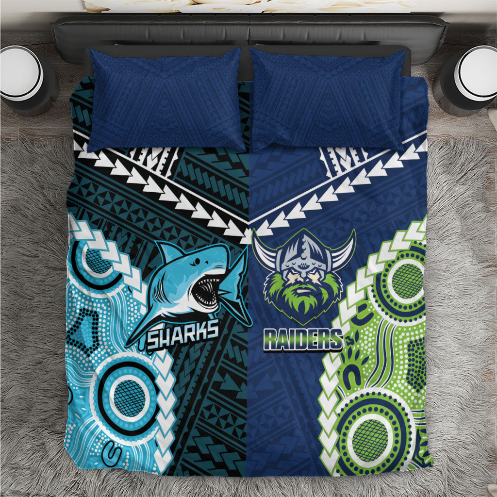 Rugby Sharks and Raiders Bedding Set 2026 Together Aboriginal Polynesian Pattern