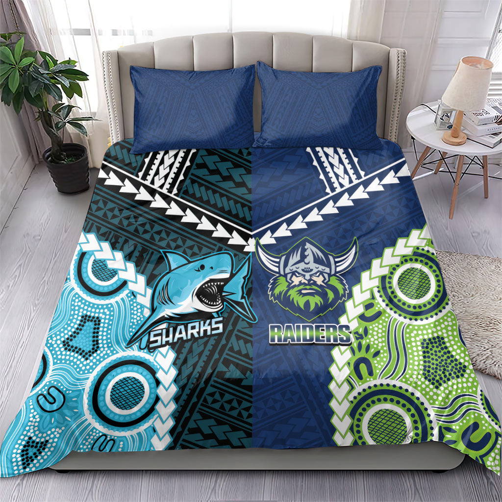 Rugby Sharks and Raiders Bedding Set 2026 Together Aboriginal Polynesian Pattern