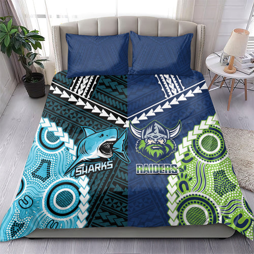 Rugby Sharks and Raiders Bedding Set 2026 Together Aboriginal Polynesian Pattern