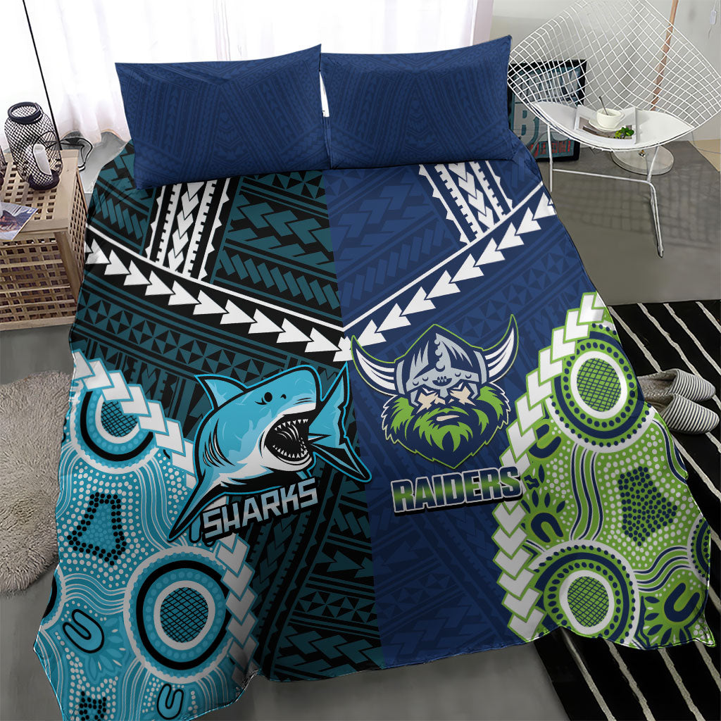 Rugby Sharks and Raiders Bedding Set 2026 Together Aboriginal Polynesian Pattern