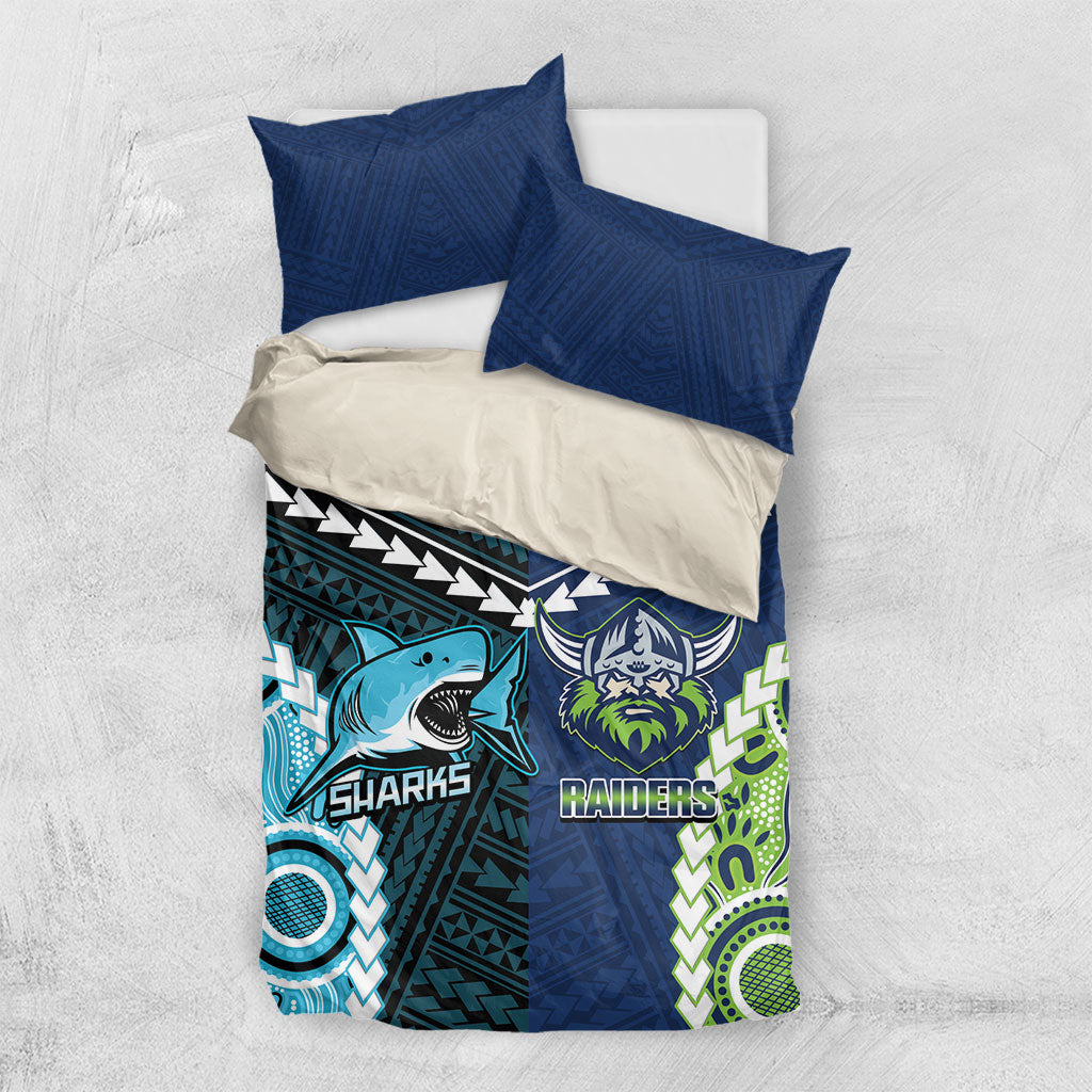 Rugby Sharks and Raiders Bedding Set 2026 Together Aboriginal Polynesian Pattern