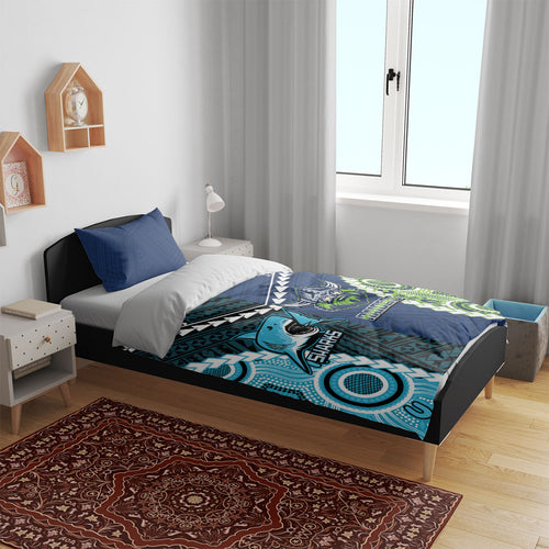 Rugby Sharks and Raiders Bedding Set 2026 Together Aboriginal Polynesian Pattern