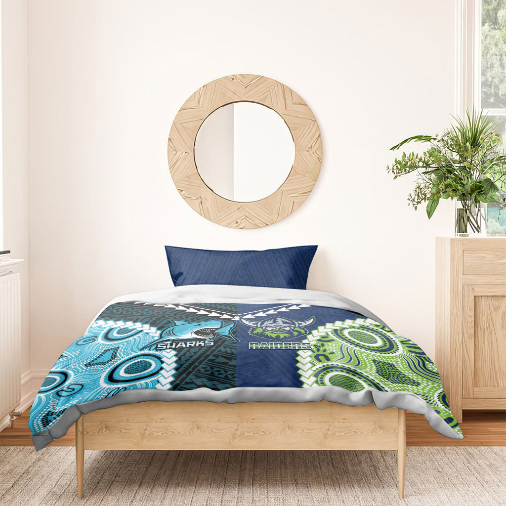 Rugby Sharks and Raiders Bedding Set 2026 Together Aboriginal Polynesian Pattern