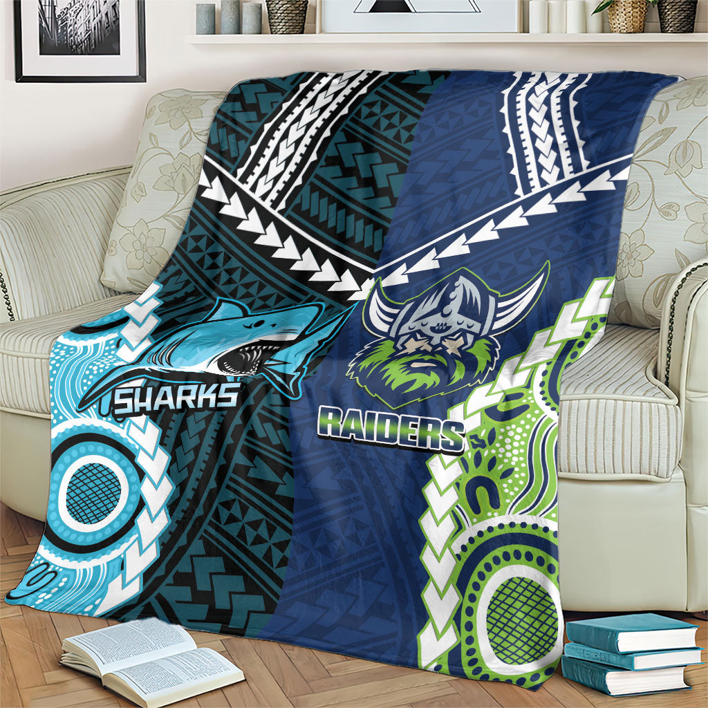 Rugby Sharks and Raiders Blanket 2026 Together Aboriginal Polynesian Pattern