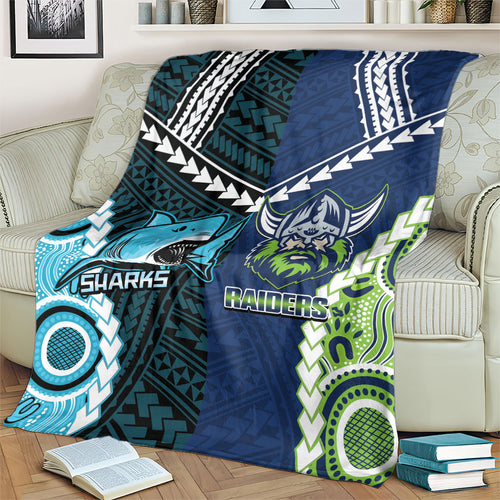 Rugby Sharks and Raiders Blanket 2026 Together Aboriginal Polynesian Pattern