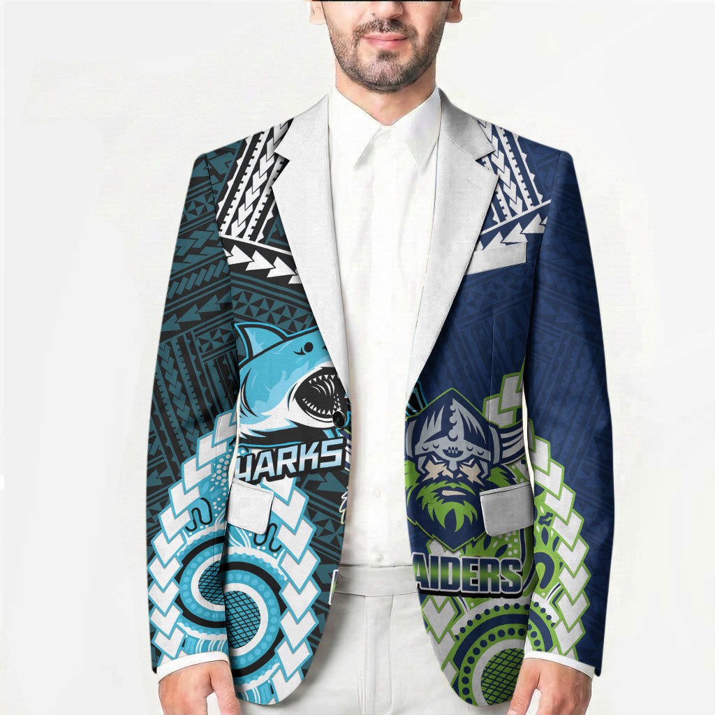 Custom Rugby Sharks and Raiders Blazer 2026 Together Aboriginal Polynesian Pattern