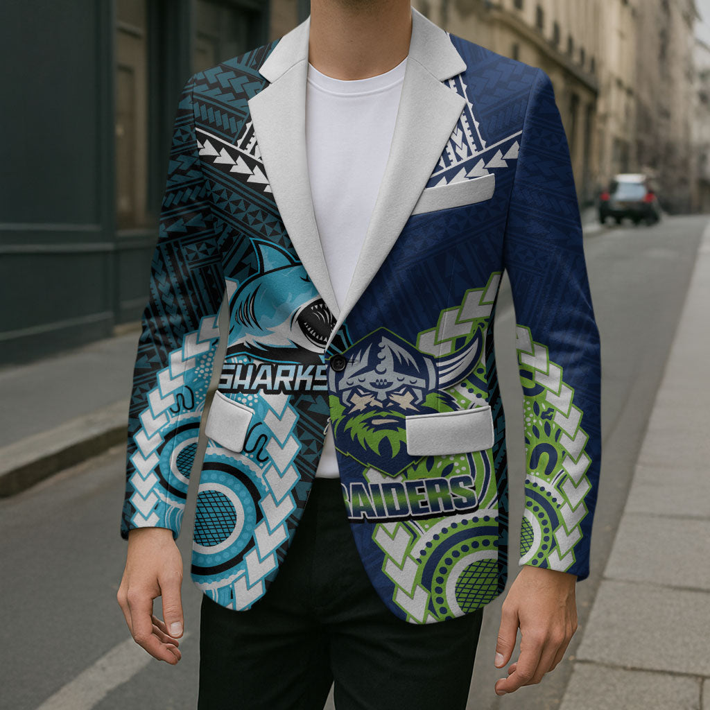 Custom Rugby Sharks and Raiders Blazer 2026 Together Aboriginal Polynesian Pattern