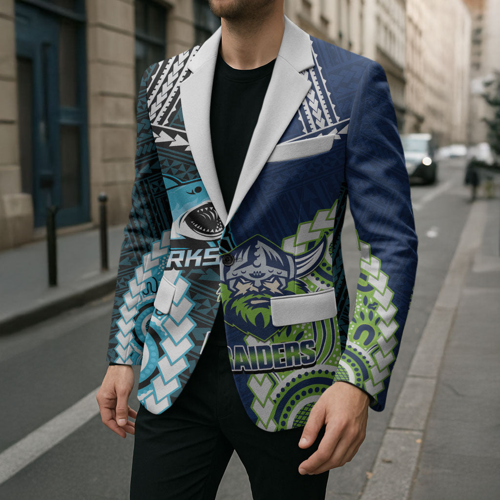 Custom Rugby Sharks and Raiders Blazer 2026 Together Aboriginal Polynesian Pattern