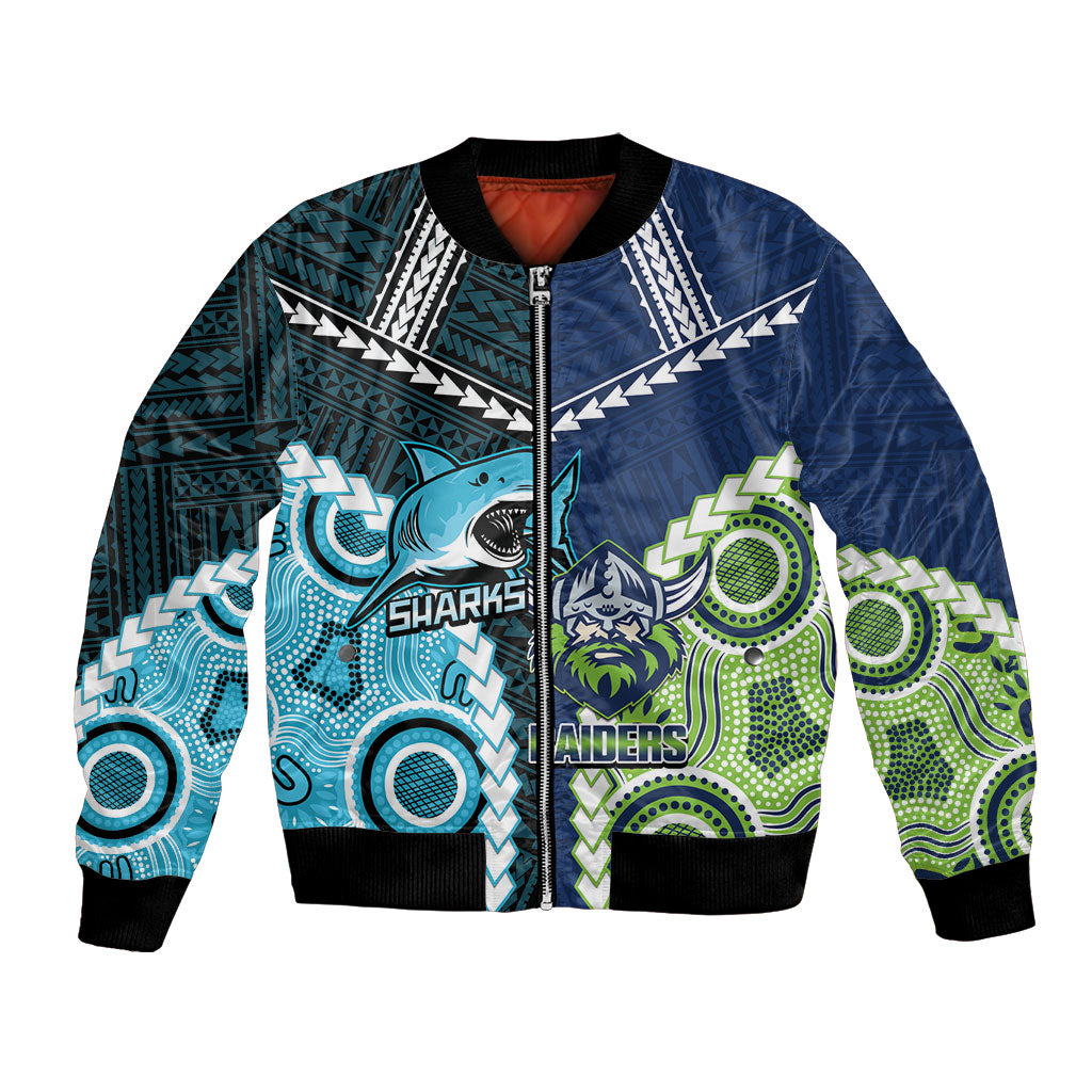 Custom Rugby Sharks and Raiders Bomber Jacket 2026 Together Aboriginal Polynesian Pattern