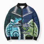 Custom Rugby Sharks and Raiders Bomber Puffer Jacket 2026 Together Aboriginal Polynesian Pattern