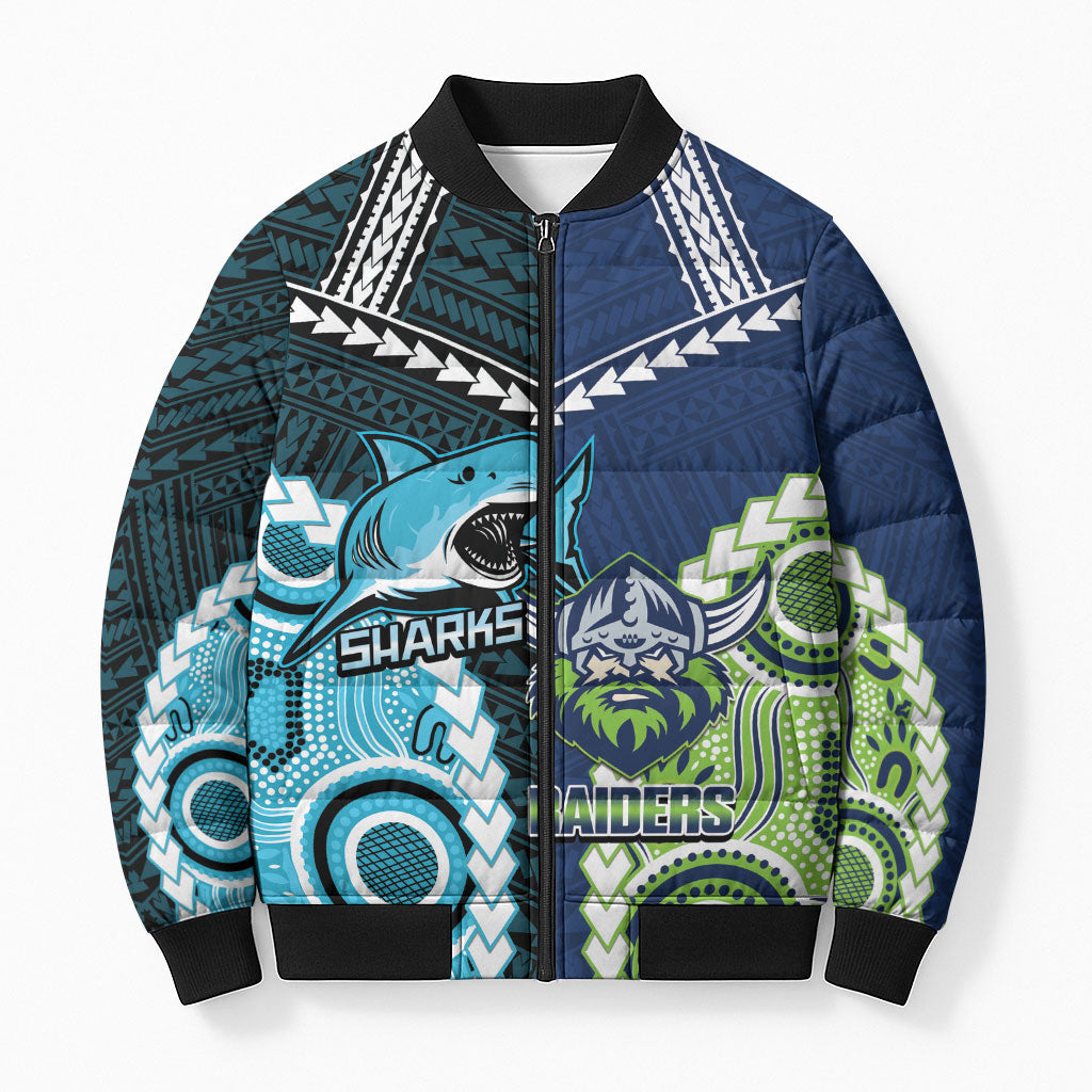 Custom Rugby Sharks and Raiders Bomber Puffer Jacket 2026 Together Aboriginal Polynesian Pattern
