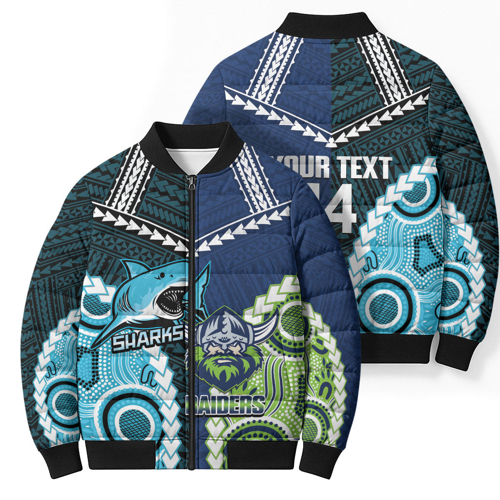 Custom Rugby Sharks and Raiders Bomber Puffer Jacket 2026 Together Aboriginal Polynesian Pattern