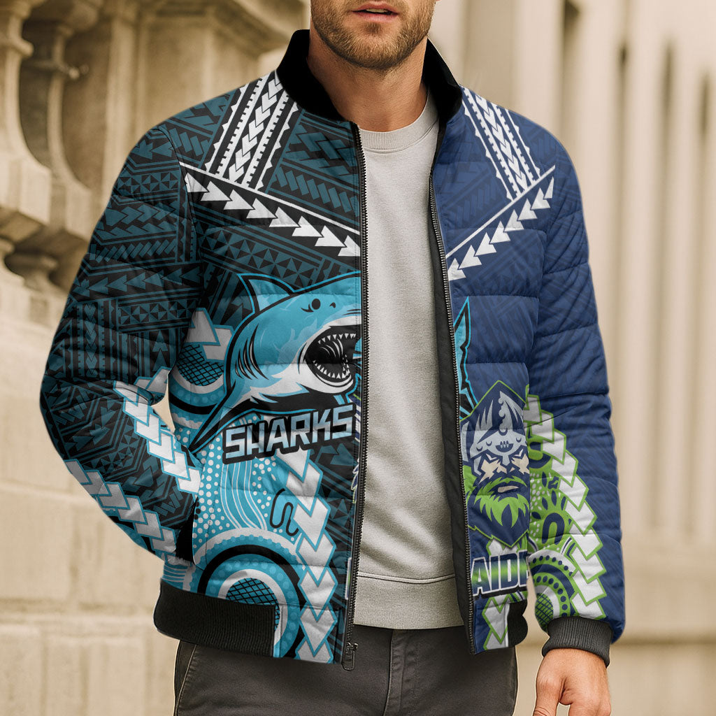 Custom Rugby Sharks and Raiders Bomber Puffer Jacket 2026 Together Aboriginal Polynesian Pattern