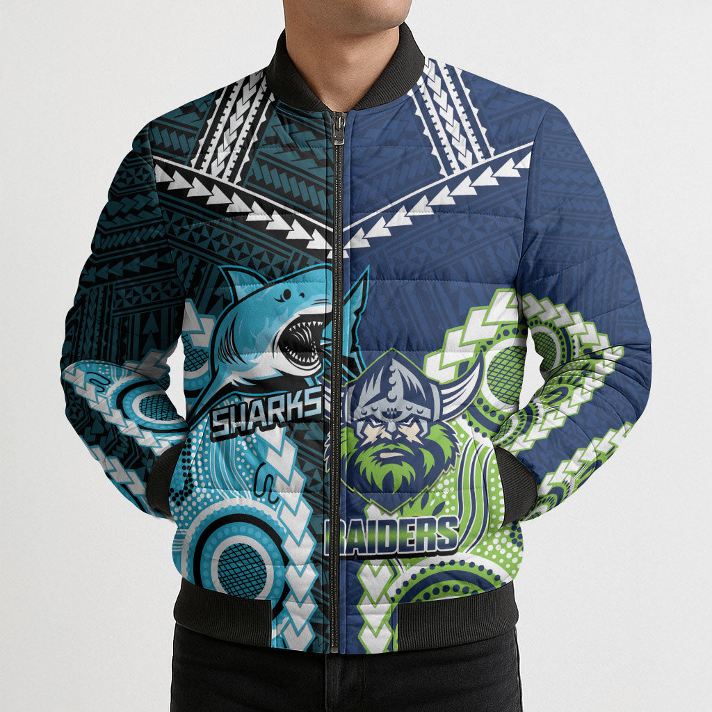 Custom Rugby Sharks and Raiders Bomber Puffer Jacket 2026 Together Aboriginal Polynesian Pattern