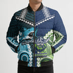 Custom Rugby Sharks and Raiders Bomber Puffer Jacket 2026 Together Aboriginal Polynesian Pattern