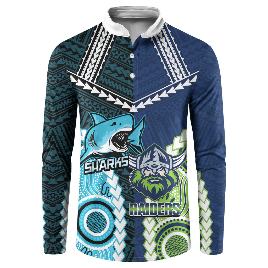 Custom Rugby Sharks and Raiders Button Sweatshirt 2026 Together Aboriginal Polynesian Pattern
