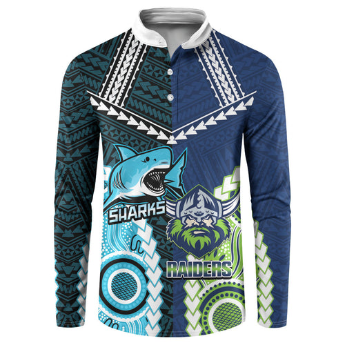 Custom Rugby Sharks and Raiders Button Sweatshirt 2026 Together Aboriginal Polynesian Pattern