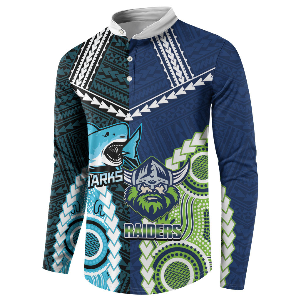 Custom Rugby Sharks and Raiders Button Sweatshirt 2026 Together Aboriginal Polynesian Pattern