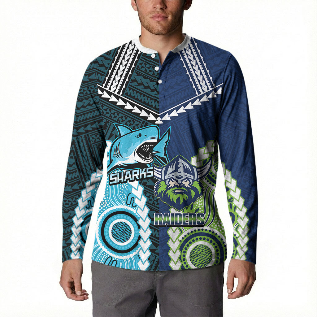 Custom Rugby Sharks and Raiders Button Sweatshirt 2026 Together Aboriginal Polynesian Pattern