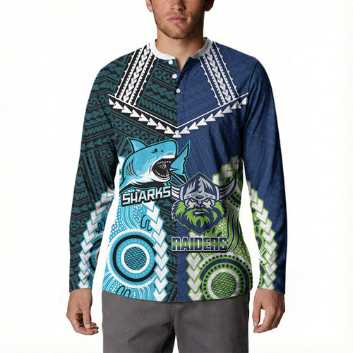 Custom Rugby Sharks and Raiders Button Sweatshirt 2026 Together Aboriginal Polynesian Pattern