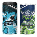 Custom Rugby Sharks and Raiders 4 in 1 Can Cooler Tumbler 2026 Together Aboriginal Polynesian Pattern