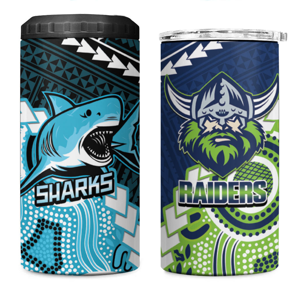 Custom Rugby Sharks and Raiders 4 in 1 Can Cooler Tumbler 2026 Together Aboriginal Polynesian Pattern