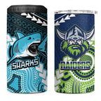Custom Rugby Sharks and Raiders 4 in 1 Can Cooler Tumbler 2026 Together Aboriginal Polynesian Pattern