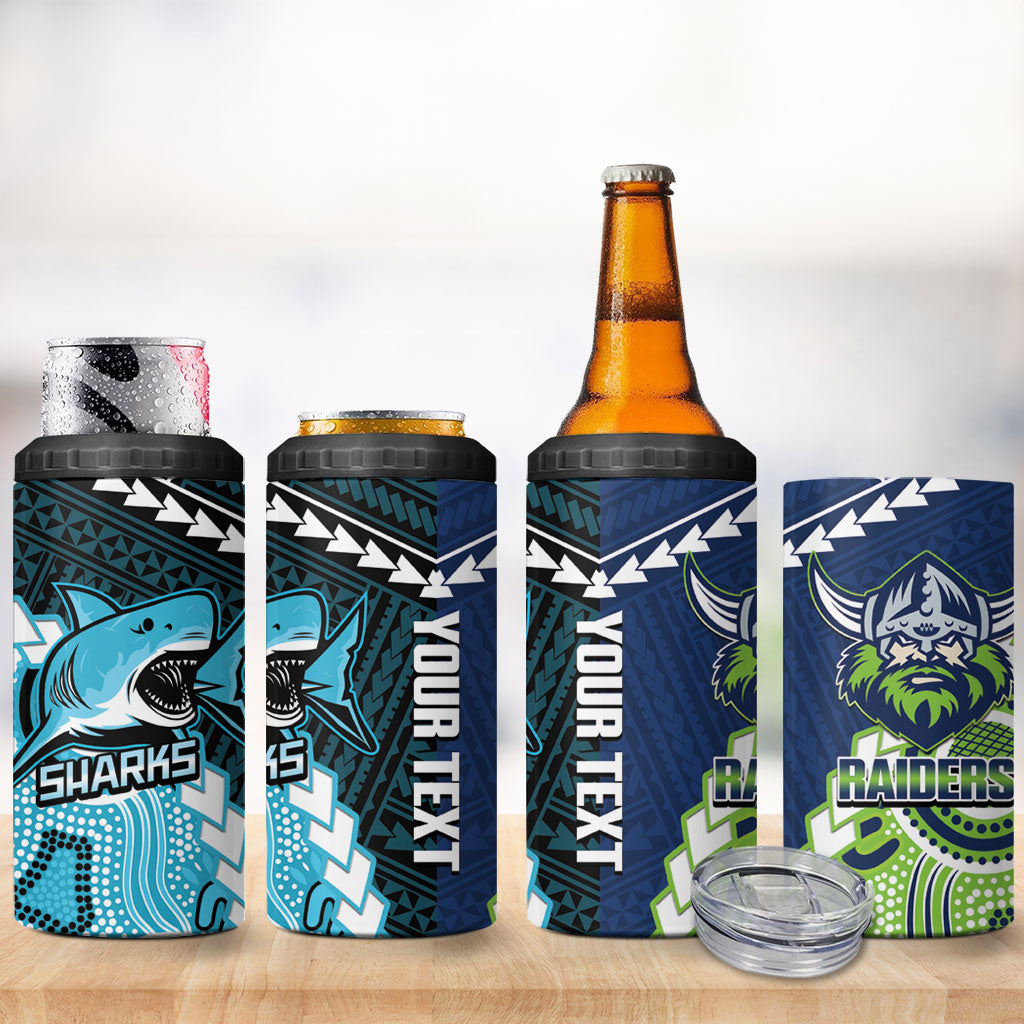 Custom Rugby Sharks and Raiders 4 in 1 Can Cooler Tumbler 2026 Together Aboriginal Polynesian Pattern