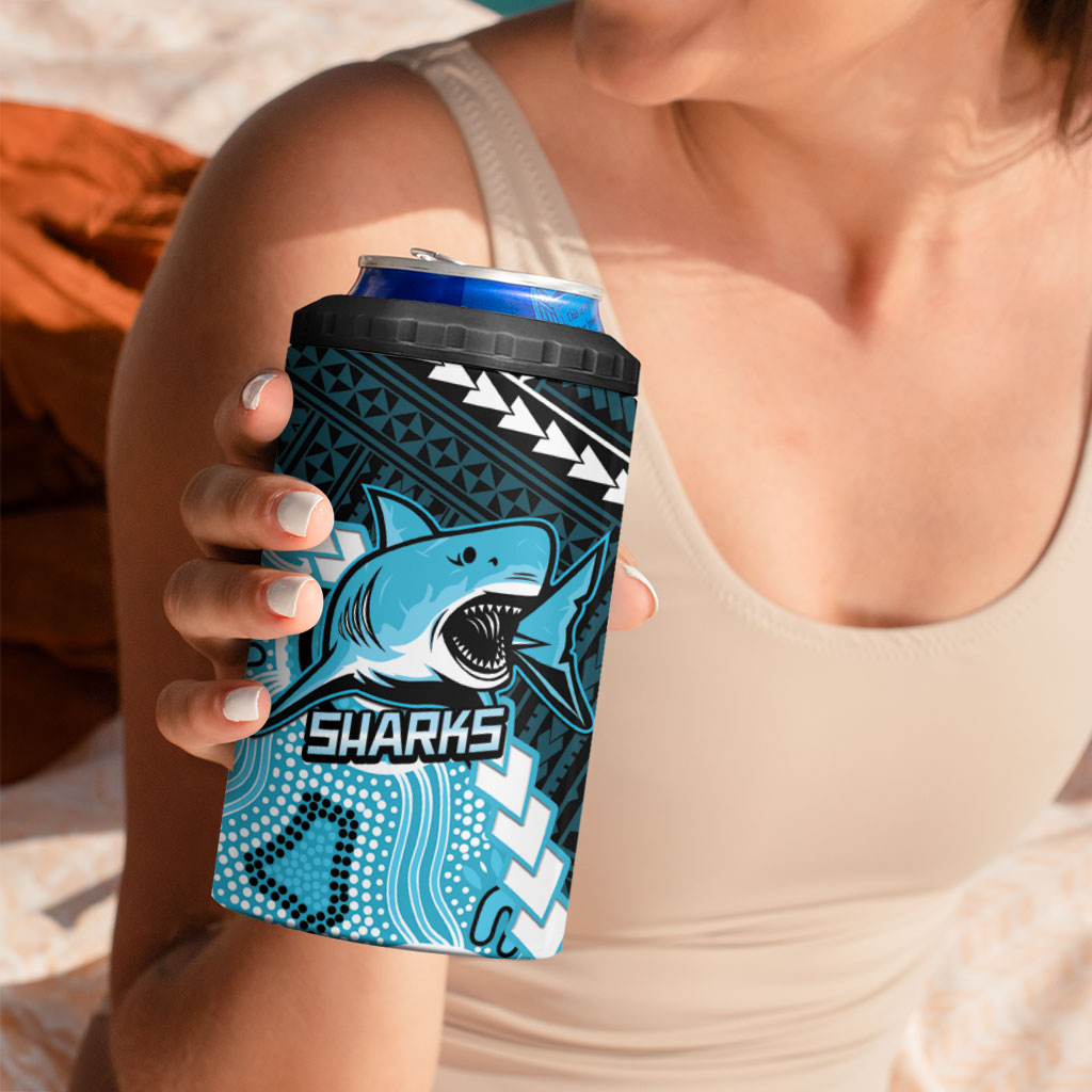 Custom Rugby Sharks and Raiders 4 in 1 Can Cooler Tumbler 2026 Together Aboriginal Polynesian Pattern