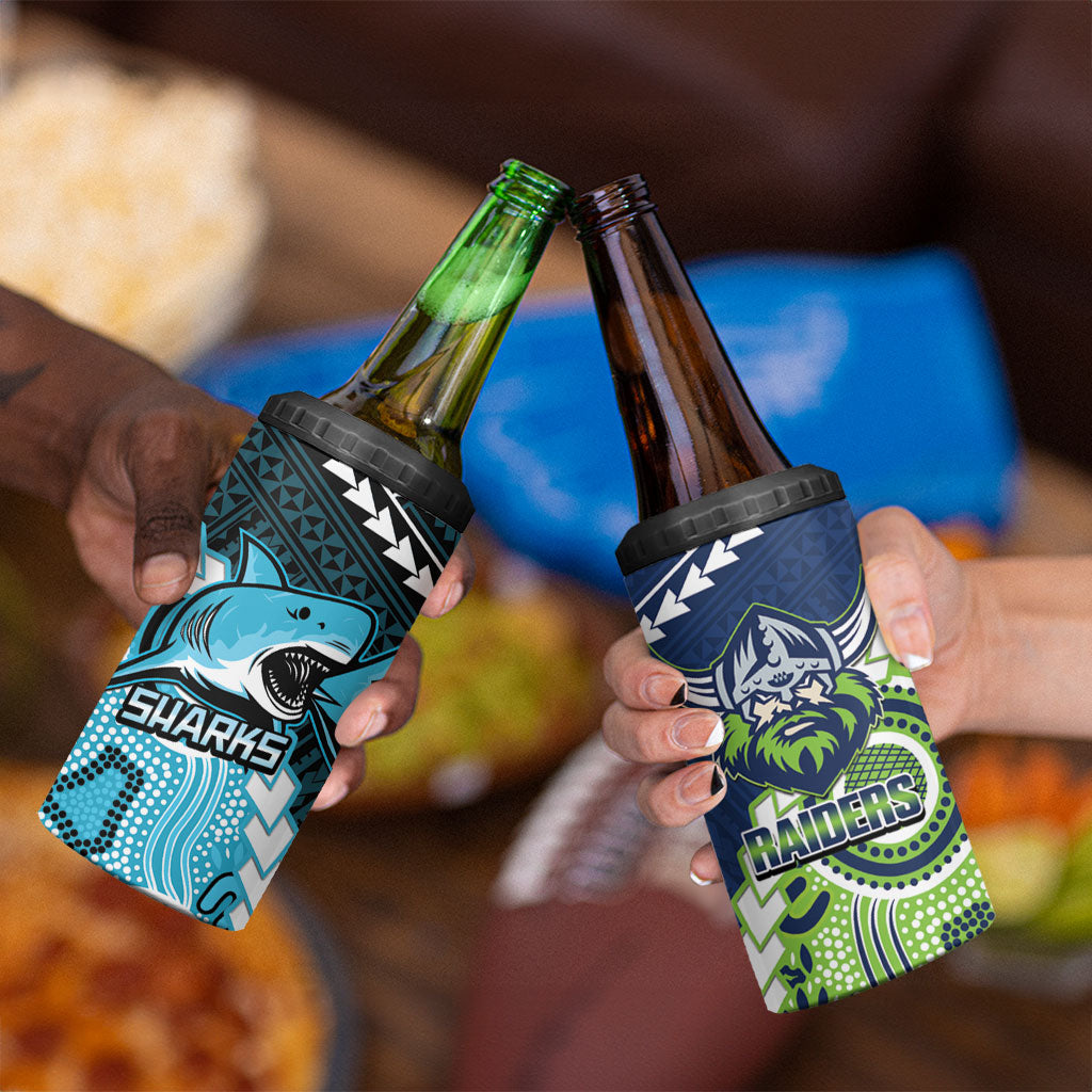 Custom Rugby Sharks and Raiders 4 in 1 Can Cooler Tumbler 2026 Together Aboriginal Polynesian Pattern