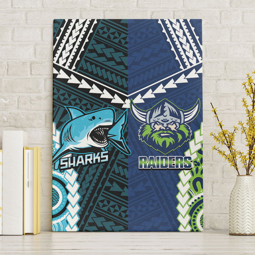 Rugby Sharks and Raiders Canvas Wall Art 2026 Together Aboriginal Polynesian Pattern