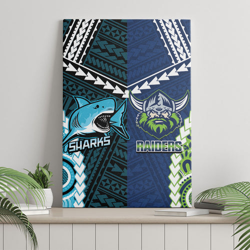 Rugby Sharks and Raiders Canvas Wall Art 2026 Together Aboriginal Polynesian Pattern
