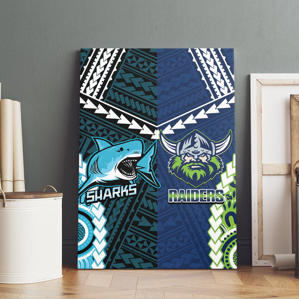 Rugby Sharks and Raiders Canvas Wall Art 2026 Together Aboriginal Polynesian Pattern