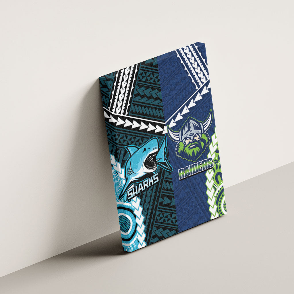 Rugby Sharks and Raiders Canvas Wall Art 2026 Together Aboriginal Polynesian Pattern