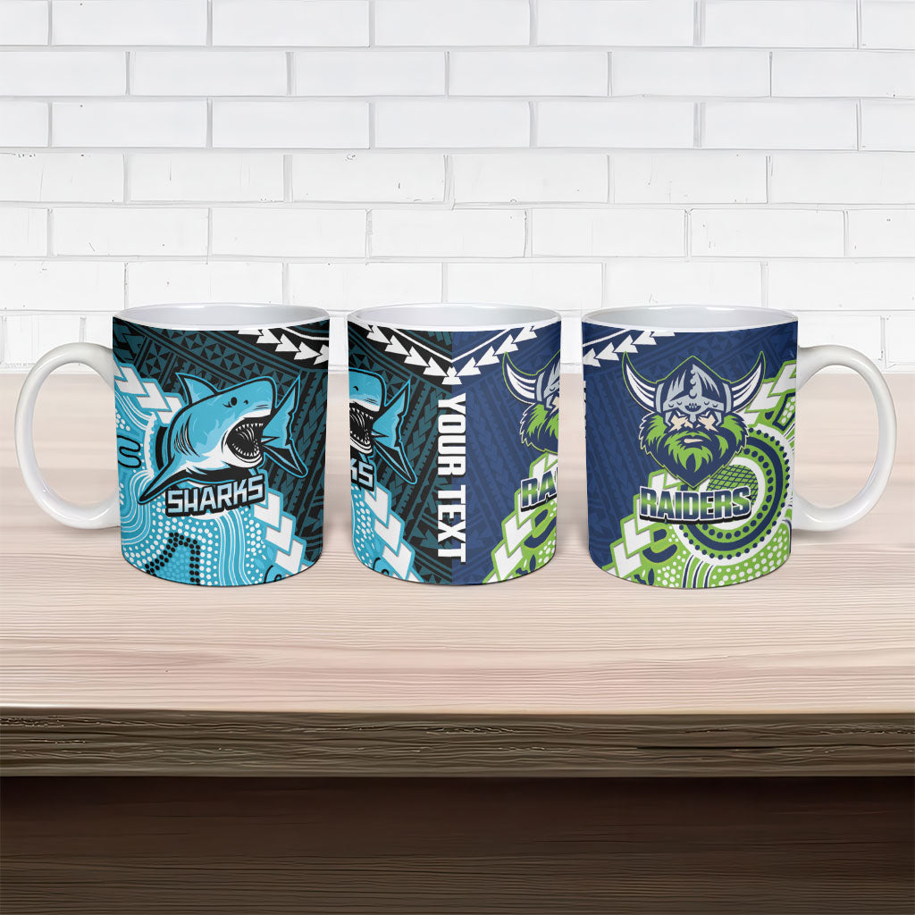 Custom Rugby Sharks and Raiders Ceramic Mug 2026 Together Aboriginal Polynesian Pattern