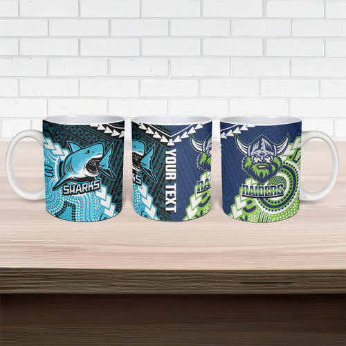Custom Rugby Sharks and Raiders Ceramic Mug 2026 Together Aboriginal Polynesian Pattern