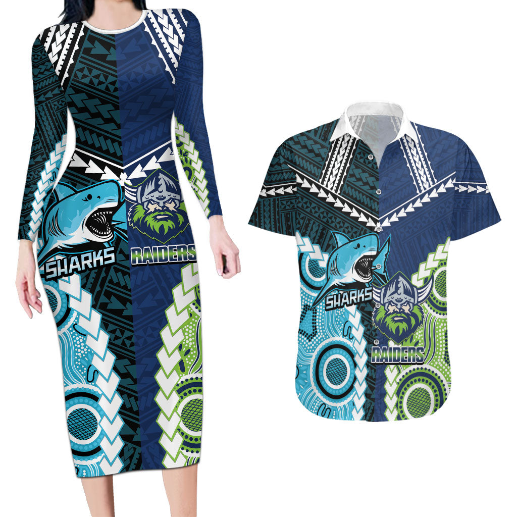 Custom Rugby Sharks and Raiders Couples Matching Long Sleeve Bodycon Dress and Hawaiian Shirt 2026 Together Aboriginal Polynesian Pattern
