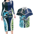 Custom Rugby Sharks and Raiders Couples Matching Long Sleeve Bodycon Dress and Hawaiian Shirt 2026 Together Aboriginal Polynesian Pattern