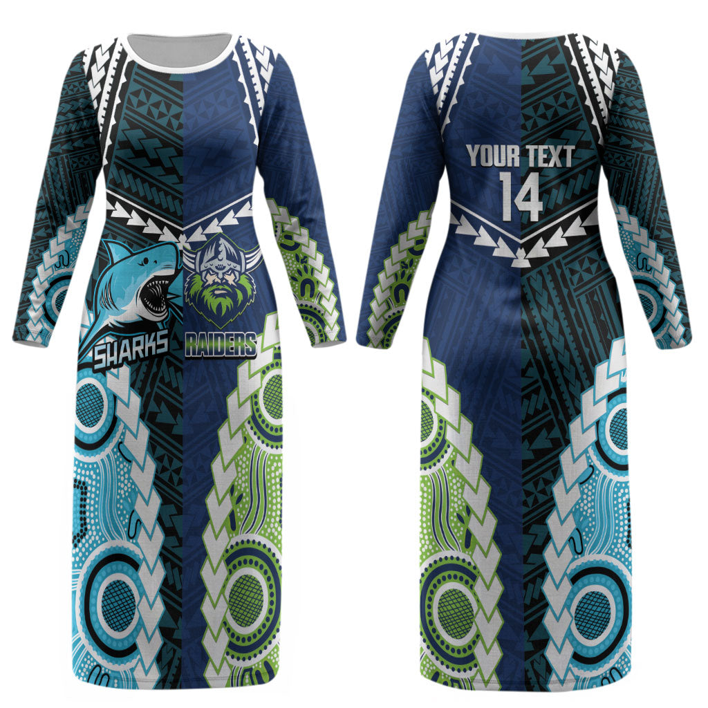 Custom Rugby Sharks and Raiders Couples Matching Long Sleeve Bodycon Dress and Hawaiian Shirt 2026 Together Aboriginal Polynesian Pattern LT14