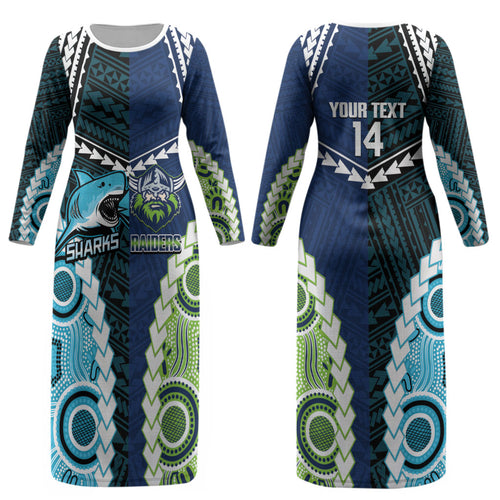 Custom Rugby Sharks and Raiders Couples Matching Long Sleeve Bodycon Dress and Hawaiian Shirt 2026 Together Aboriginal Polynesian Pattern LT14