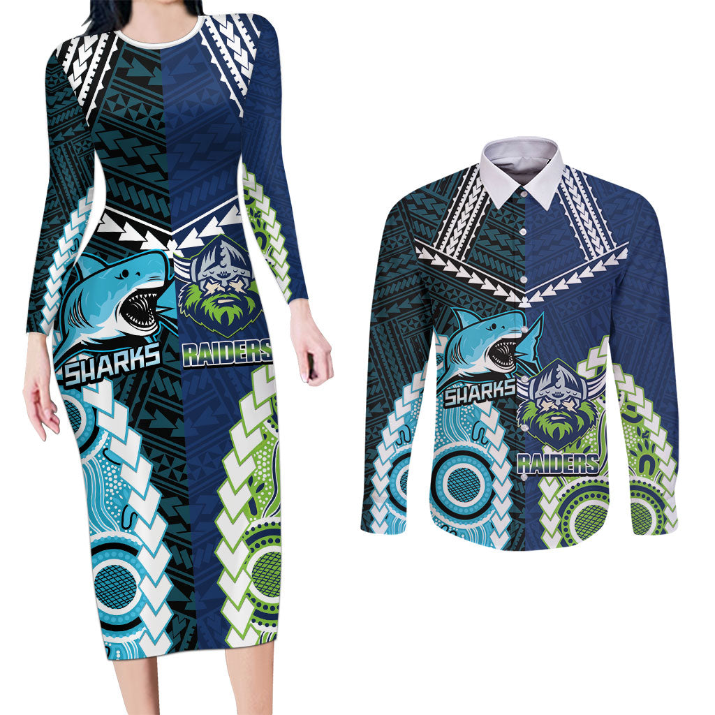 Custom Rugby Sharks and Raiders Couples Matching Long Sleeve Bodycon Dress and Long Sleeve Button Shirt 2026 Together Aboriginal Polynesian Pattern