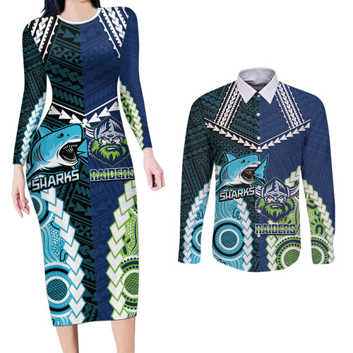 Custom Rugby Sharks and Raiders Couples Matching Long Sleeve Bodycon Dress and Long Sleeve Button Shirt 2026 Together Aboriginal Polynesian Pattern